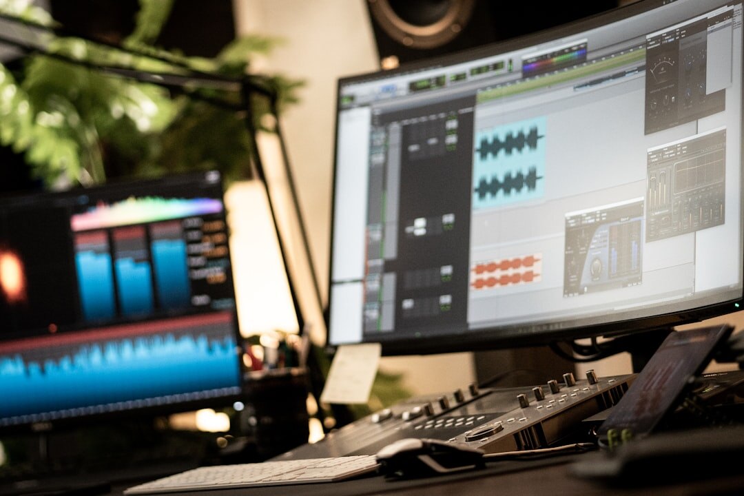 Video editing desk with monitors showing archive television footage